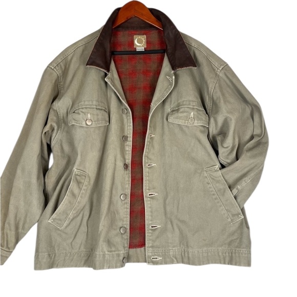 Vintage Blanket Lined Trucker Jacket Mens XXL Khaki Denim Bomber Leather Collar - Picture 1 of 8